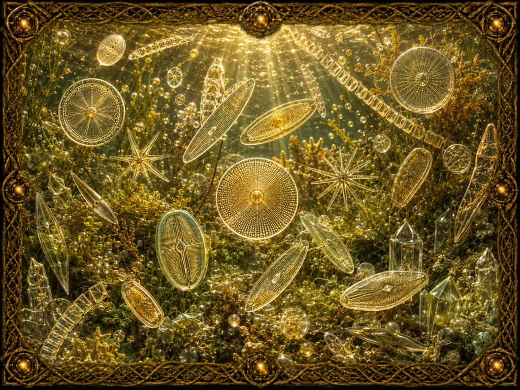 Diatomées de formes variées représentées dans un univers aquatique lumineux, avec structures circulaires, allongées et étoilées aux motifs de silice, encadrées de macramé doré.