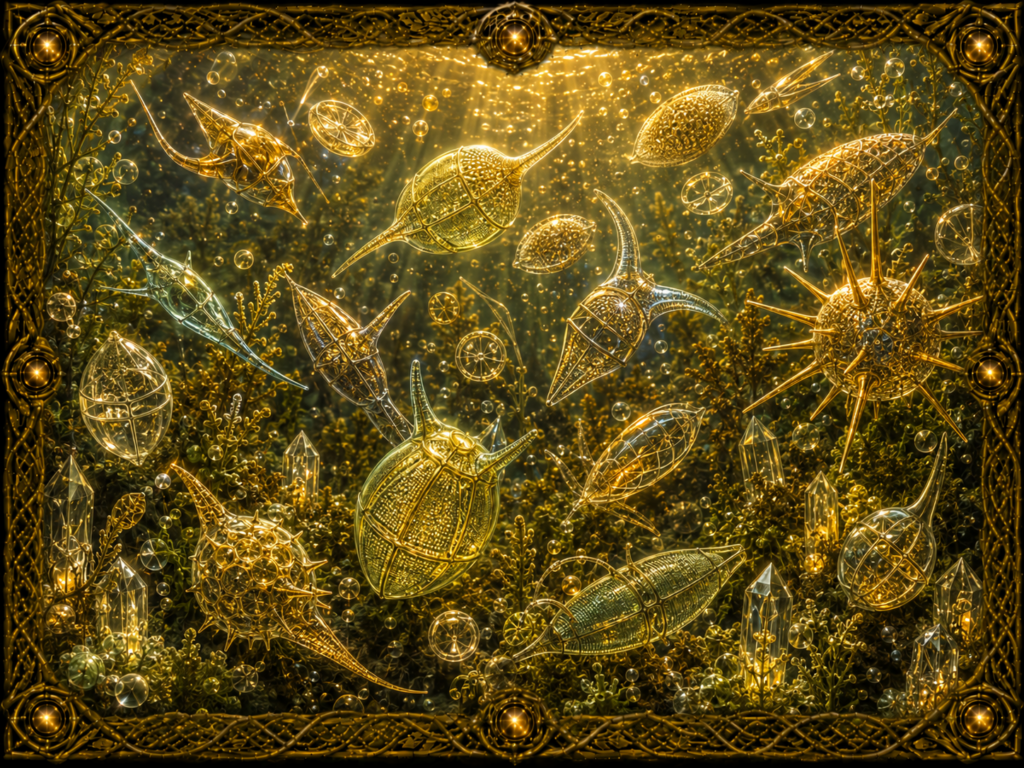 Dinoflagellés de formes variées représentés dans un univers aquatique lumineux, avec structures sphériques, allongées et épineuses, cristaux et cadre en macramé doré.