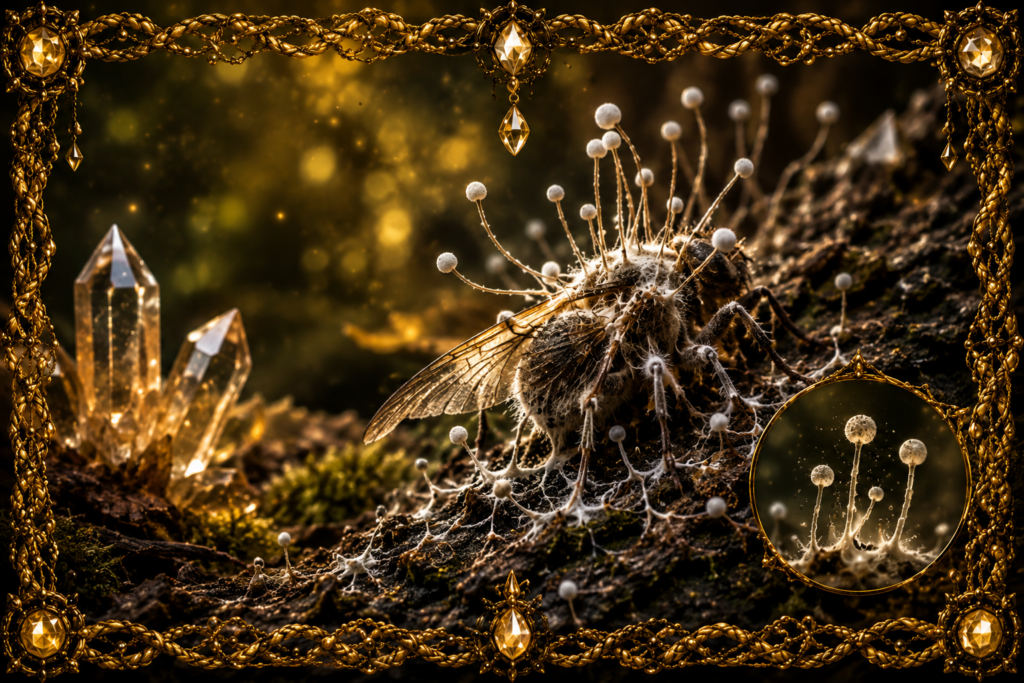 Entomophthoromycètes représentés sur un insecte colonisé par un champignon, avec filaments fongiques, structures porteuses de spores, cristaux et cadre en macramé doré.