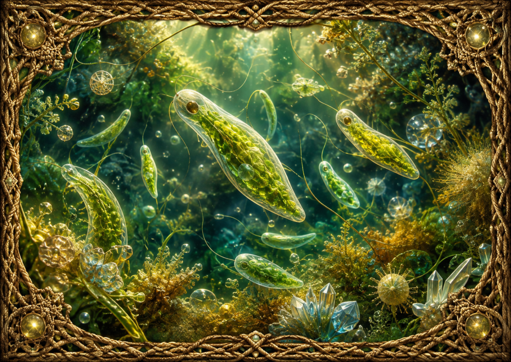 Euglènes et euglénophytes représentées sous différentes formes allongées et flagellées dans un univers aquatique lumineux, avec cristaux et cadre en macramé doré.