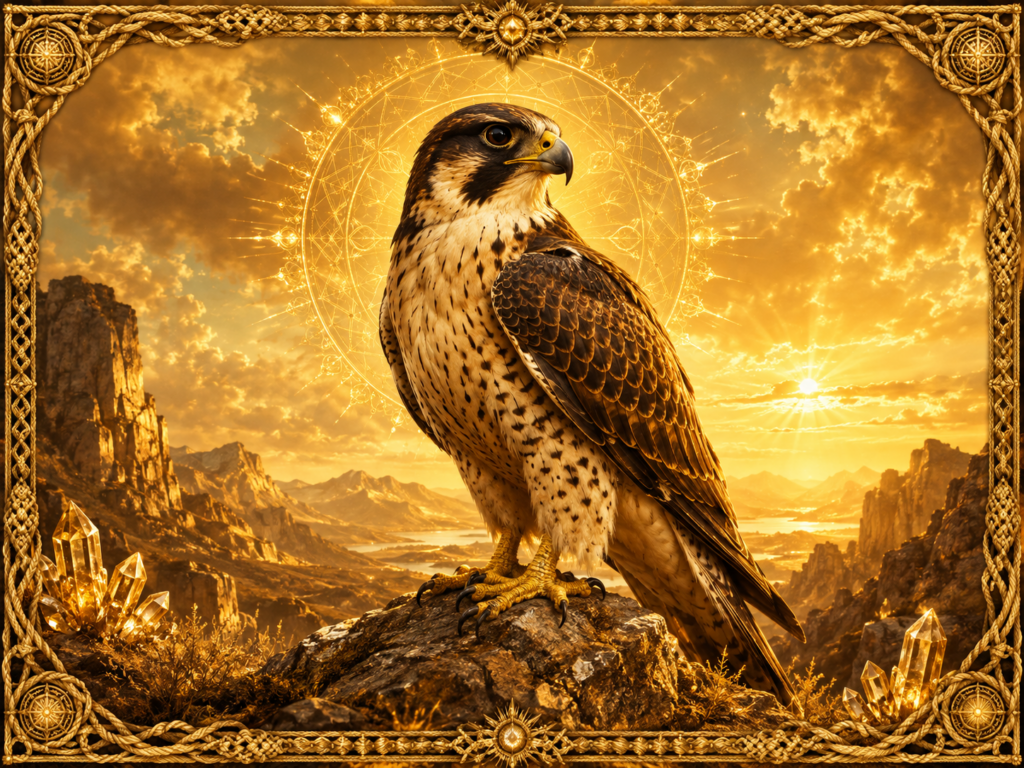 Faucon majestueux posé sur un rocher, entouré d’un halo solaire, de cristaux dorés et d’un paysage montagneux lumineux, dans un cadre tissé en macramé doré.