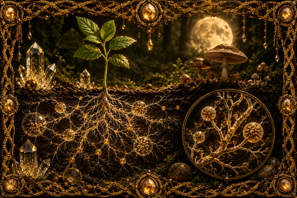 Gloméromycètes (Glomeromycota) représentés autour des racines d’une plante, avec réseau mycélien, spores et structures mycorhiziennes dans un sol lumineux encadré de macramé doré.