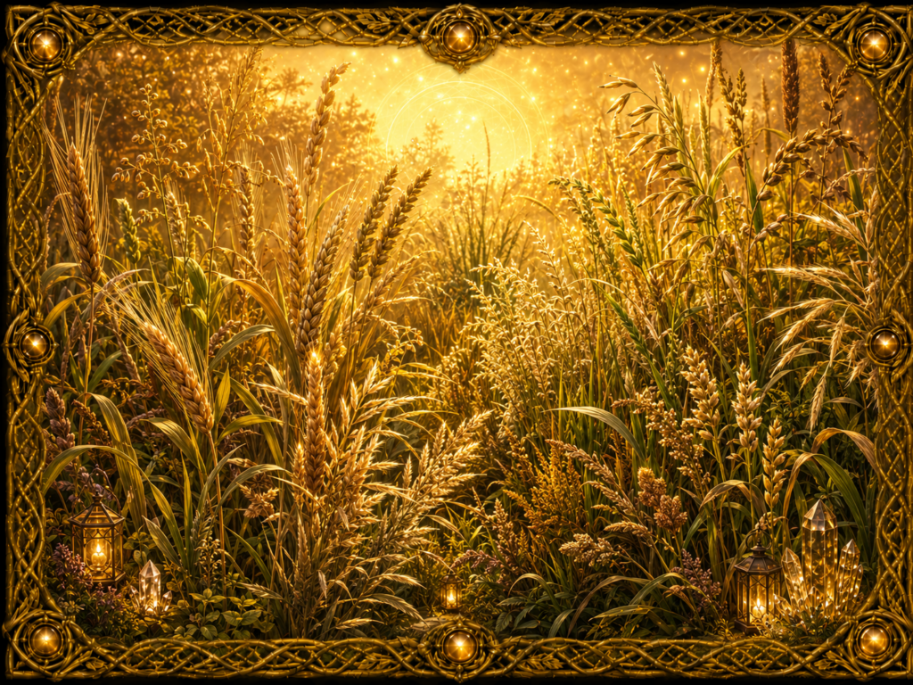 Graminées et céréales de formes variées dans une prairie lumineuse, avec épis, herbes hautes, lanternes et cristaux, encadrés de macramé doré.