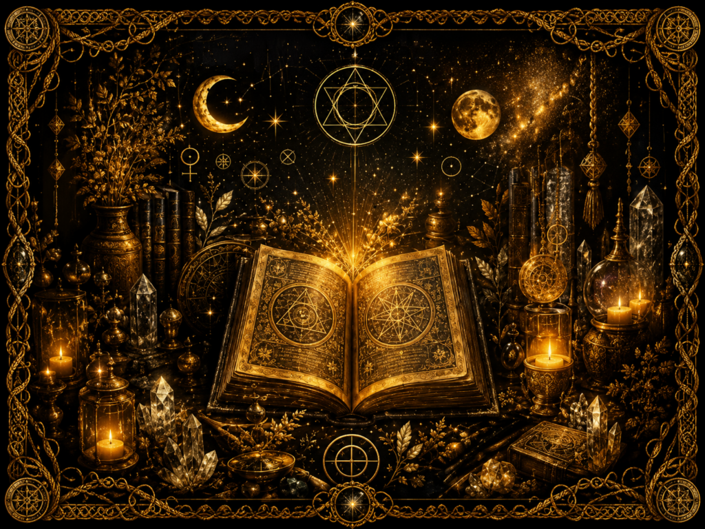 Le Grimoire d’Alchymia Elyanna représenté par un livre ancien ouvert entouré de symboles célestes, de cristaux, de bougies, de plantes et d’objets alchimiques dans un cadre tissé doré.