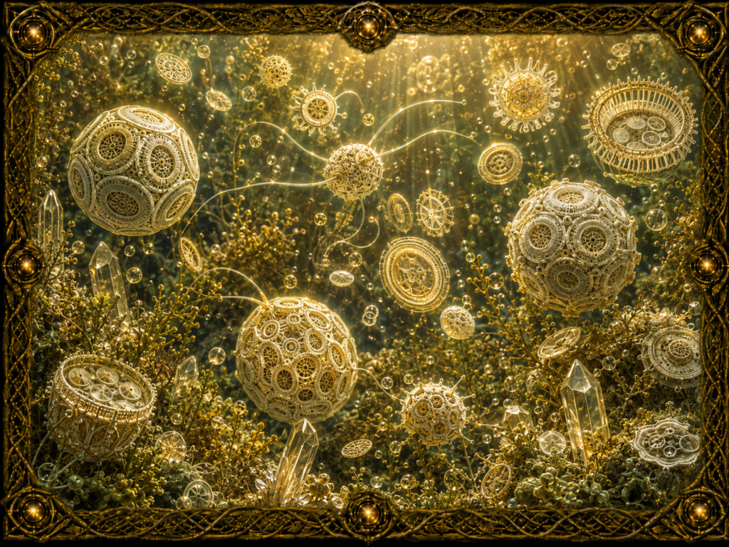 Haptophytes représentés sous différentes formes microscopiques dans un univers aquatique lumineux, avec cellules sphériques, structures calcaires inspirées des coccolithophores, cristaux et cadre en macramé doré.