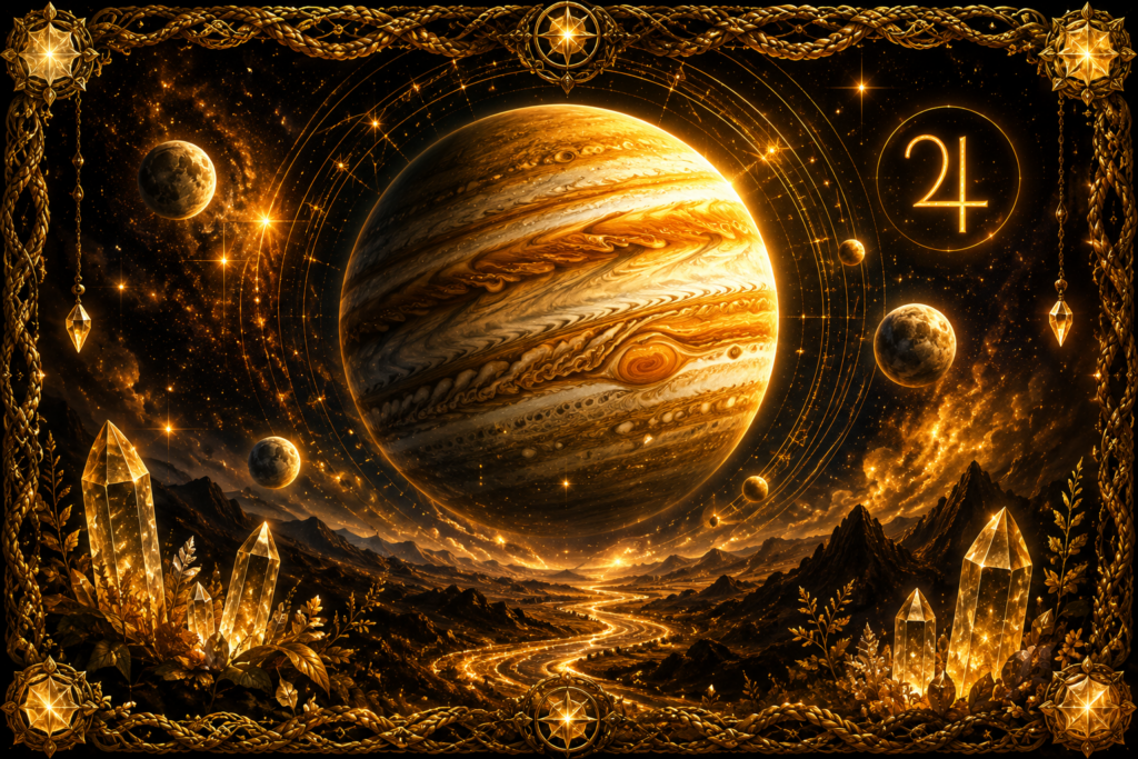 Jupiter, la planète géante, représentée avec ses bandes nuageuses et sa Grande Tache rouge, entourée de lunes, d’étoiles, de cristaux lumineux et d’un cadre en macramé doré.