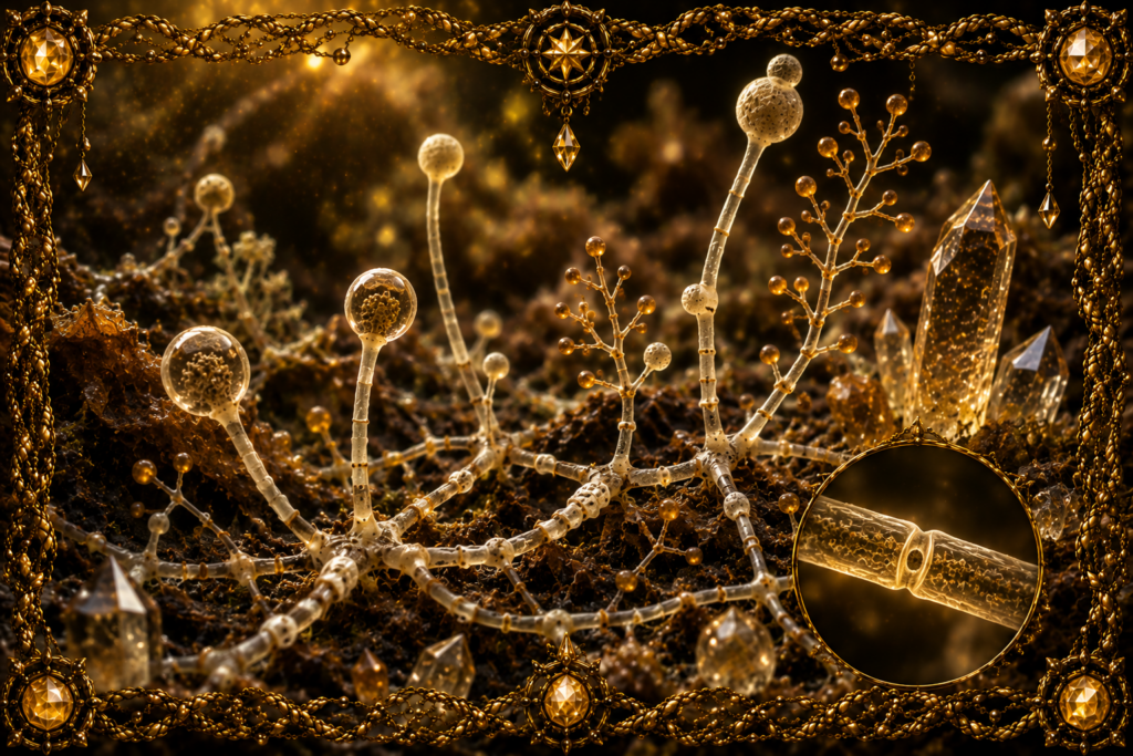 Kickxellomycètes (Kickxellomycetes) représentés dans un sol riche en matière organique, avec hyphes ramifiées, structures reproductrices microscopiques, cristaux et cadre en macramé doré.