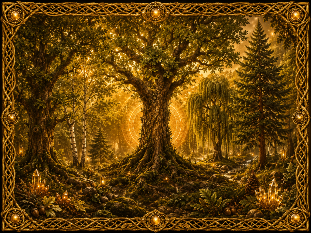 Les arbres représentés dans une forêt lumineuse, avec chêne, bouleau, saule et conifère, entourés de cristaux, de lanternes et d’un cadre en macramé doré.