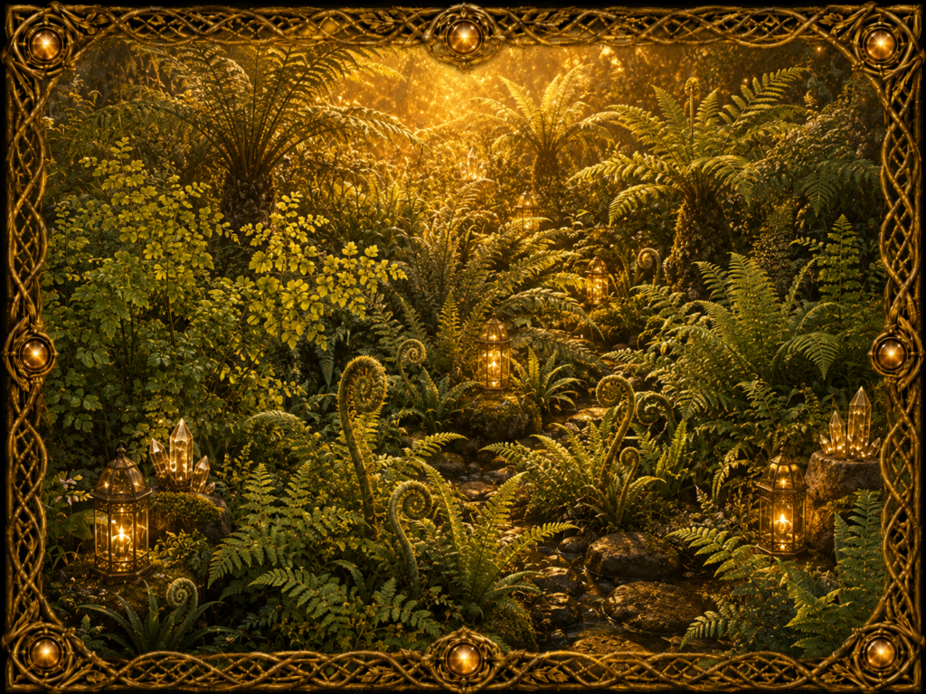 Les fougères représentées dans un jardin lumineux, avec frondes déployées, jeunes crosses, lanternes et cristaux, encadrées de macramé doré.