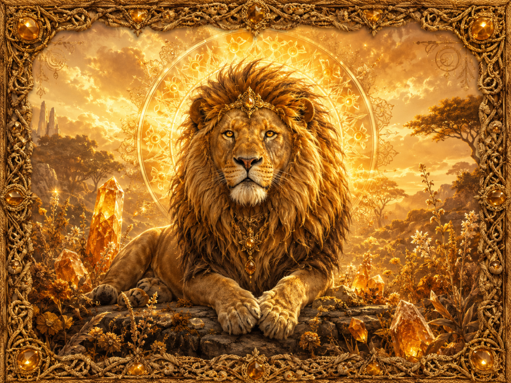 Lion majestueux entouré d’un halo solaire, de cristaux dorés et d’un paysage lumineux, dans un décor encadré de macramé doré.