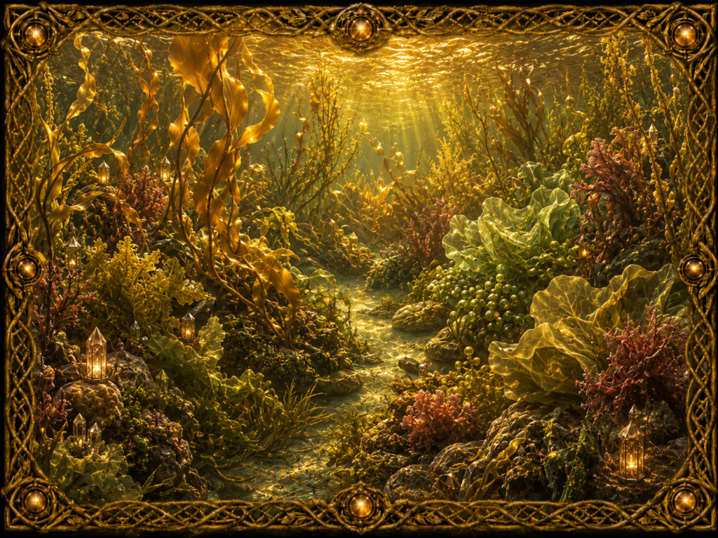 Le monde des algues représenté dans un paysage sous-marin lumineux, avec grandes algues, varech, algues rouges et vertes, lanternes et cristaux, encadrés de macramé doré.