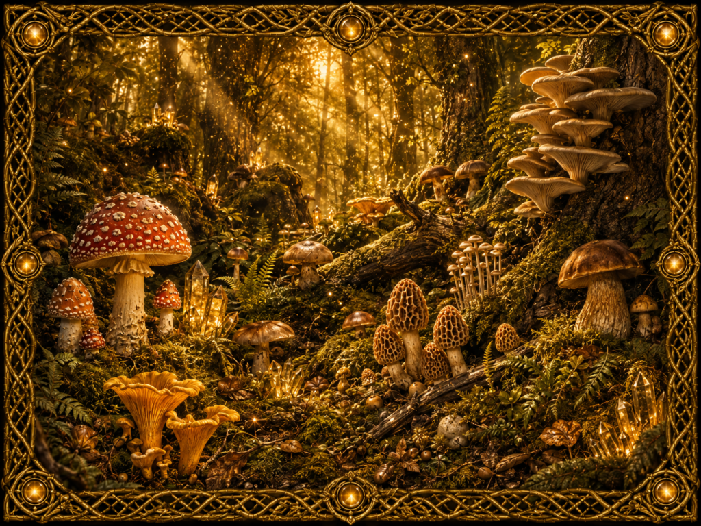 Le monde fongique représenté par plusieurs champignons de formes variées dans une forêt lumineuse, entourés de mousses, de bois, de cristaux et d’un cadre en macramé doré.