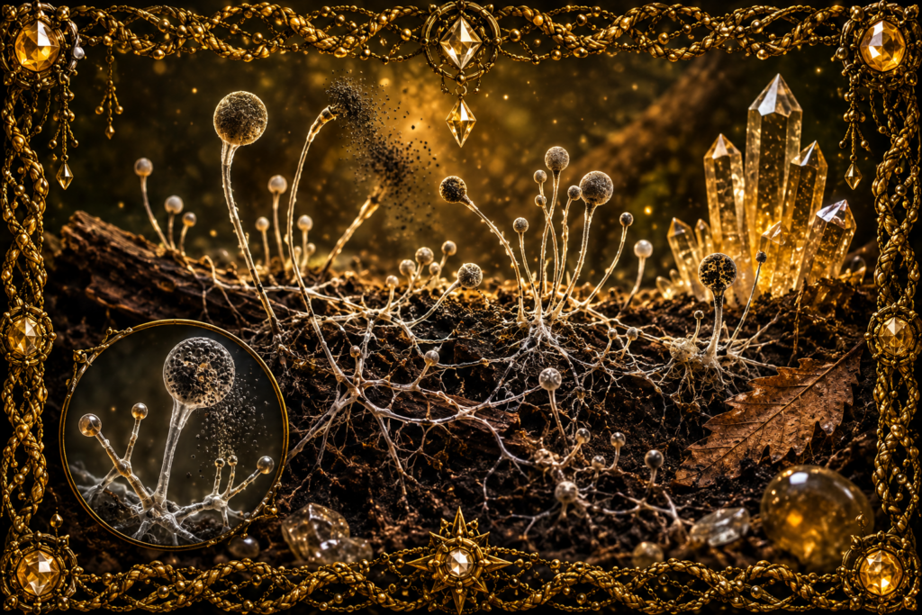 Mortierellomycètes représentés dans un sol forestier avec mycélium, filaments fongiques, sporanges et spores, entourés de cristaux et d’un cadre en macramé doré.