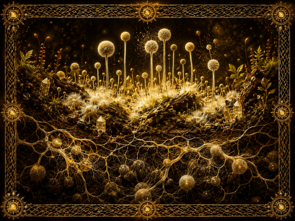 Mucoromycètes (Mucoromycota) représentés dans un sol forestier lumineux, avec filaments fongiques, sporanges dressés, mycélium, cristaux et cadre en macramé doré.