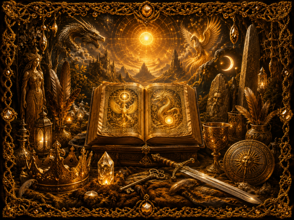 Mythes et légendes représentés par un livre ancien, un dragon, un phénix, une figure mythique, une couronne, une épée et des pierres dressées dans un décor lumineux.