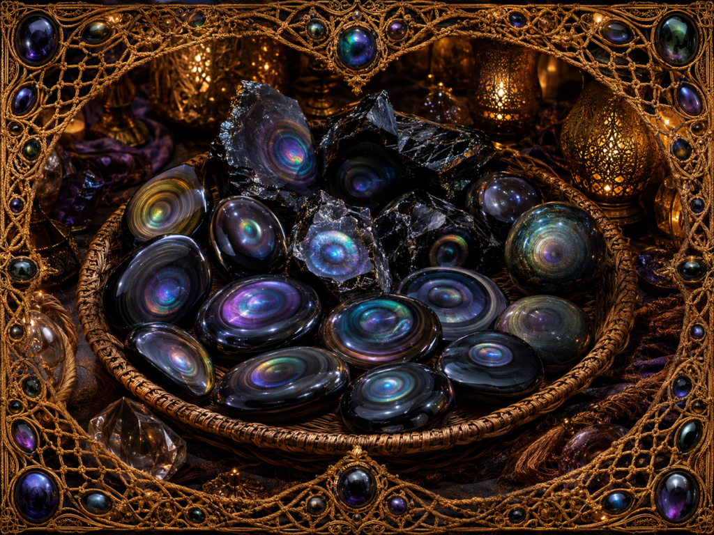 Obsidienne œil céleste sous plusieurs formes, avec pierres polies, galets, sphères et fragments bruts aux reflets concentriques irisés, dans un décor lumineux encadré de macramé doré.