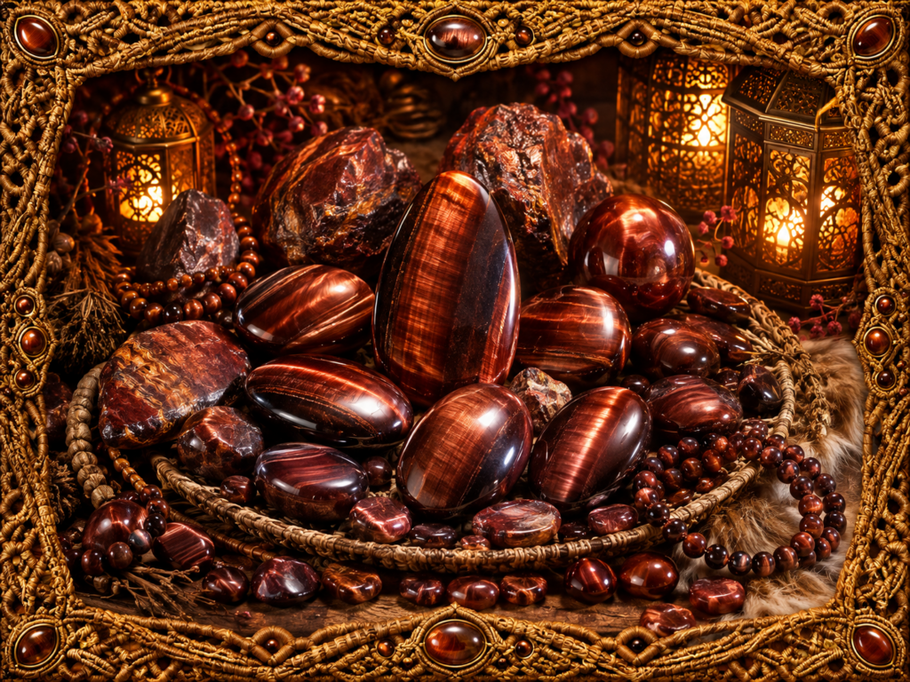 Œil de taureau sous plusieurs formes, avec pierres polies, galets, sphères, perles et blocs bruts aux reflets brun rouge et chatoyants, dans un décor lumineux encadré de macramé doré.