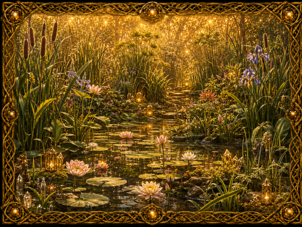 Plantes aquatiques et de zones humides dans un étang lumineux, avec nénuphars, roseaux, iris d’eau, lanternes et cristaux, encadrés de macramé doré.