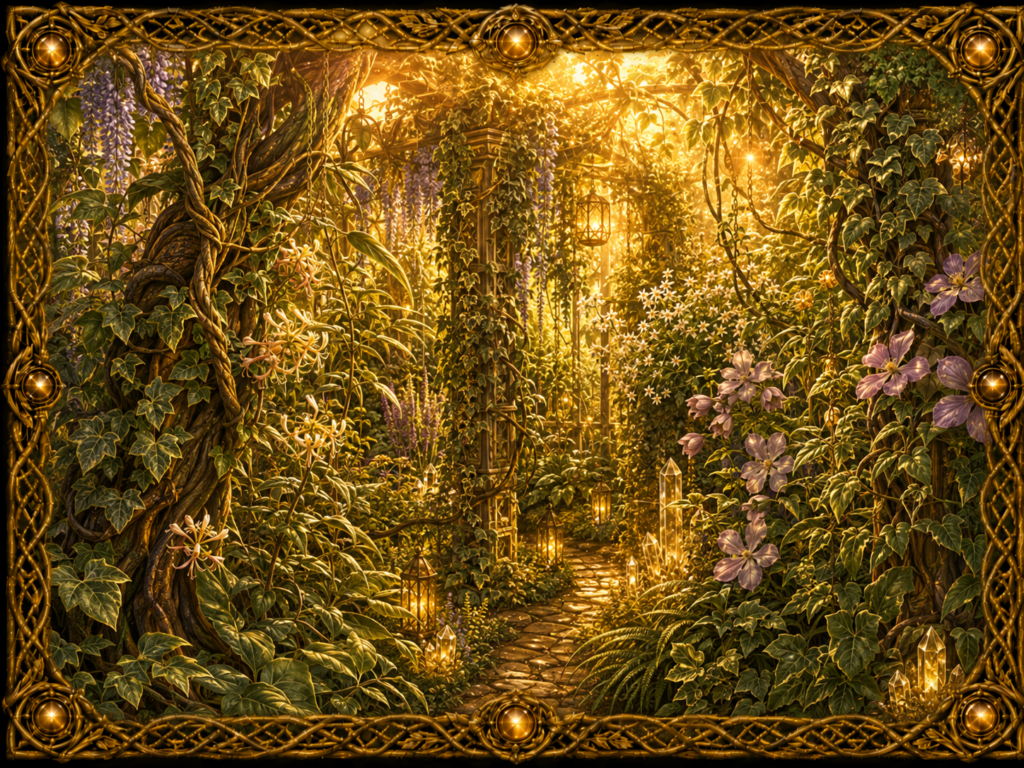 Plantes grimpantes et lianes enchevêtrées dans un jardin lumineux, avec feuillages, fleurs, lanternes et cristaux, encadrés de macramé doré.