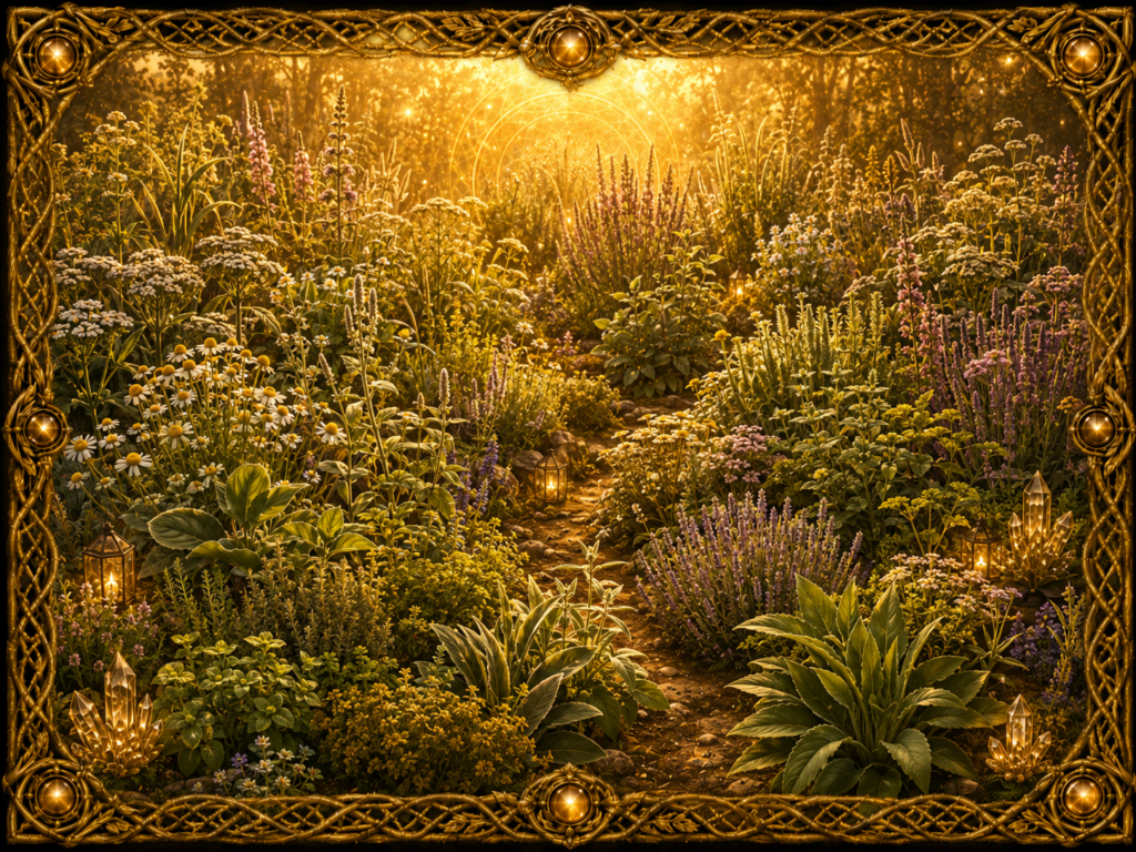 Plantes herbacées de formes variées dans un jardin lumineux, avec fleurs, feuillages, herbes aromatiques, lanternes et cristaux, encadrés de macramé doré.