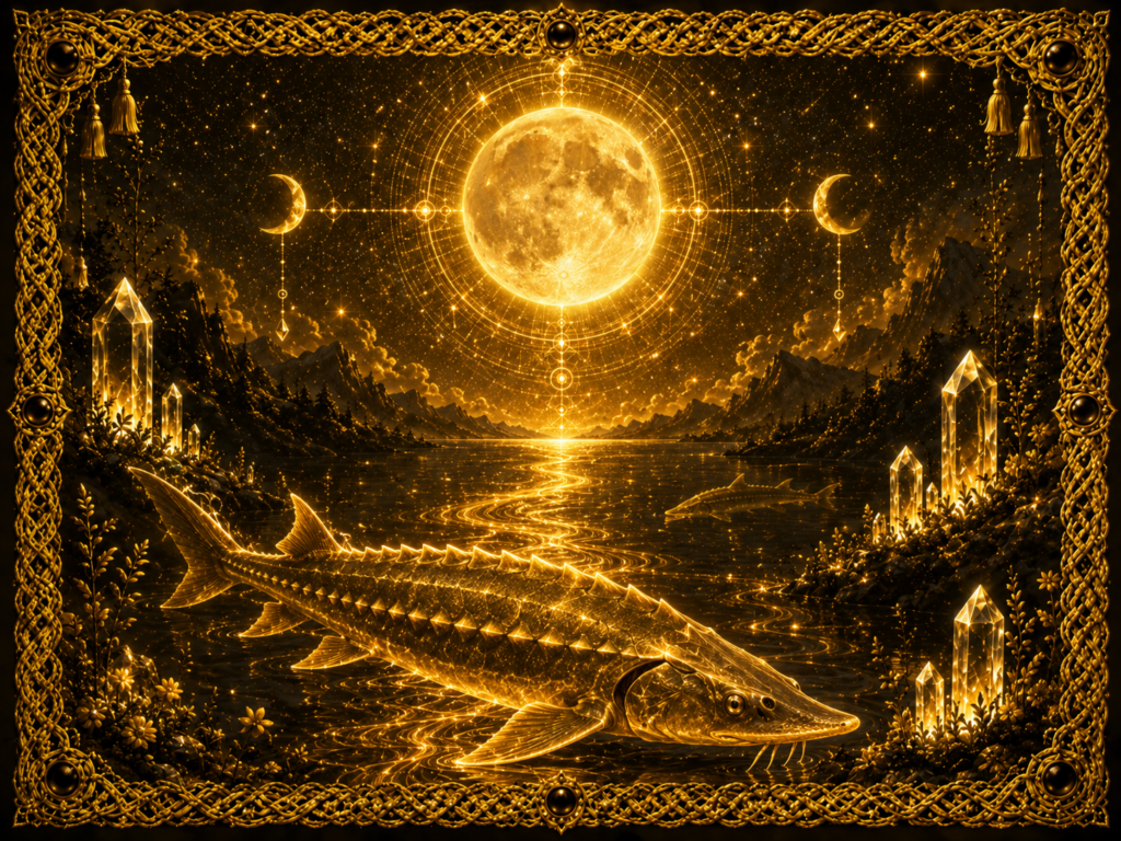 Pleine Lune de l’Esturgeon représentée par un grand esturgeon au premier plan sous une pleine lune lumineuse, dans un paysage aquatique profond avec cristaux, chemin tissé et cadre en macramé doré.