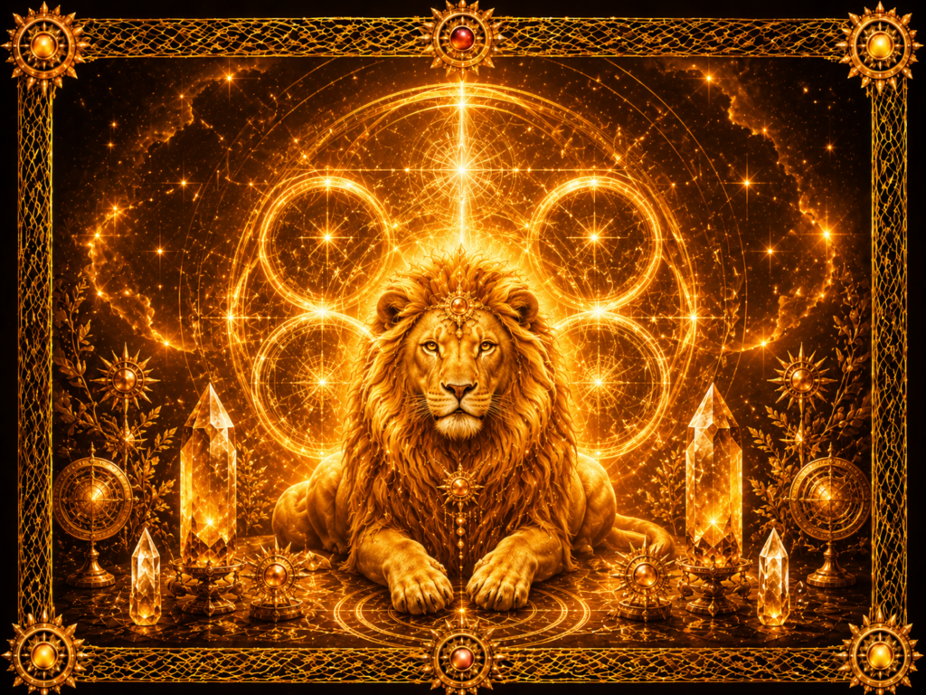le portail du lion 8/8 2026 : Lion solaire au centre d’un portail lumineux formé de cercles d’alignement, entouré de cristaux, d’astres et d’un cadre tissé en macramé doré.