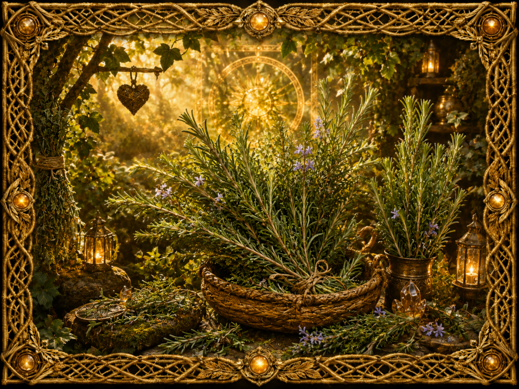 Romarin frais et fleuri présenté dans un panier tissé, entouré de branches, de fleurs, de cristaux et de lanternes, dans un décor lumineux encadré de macramé doré.