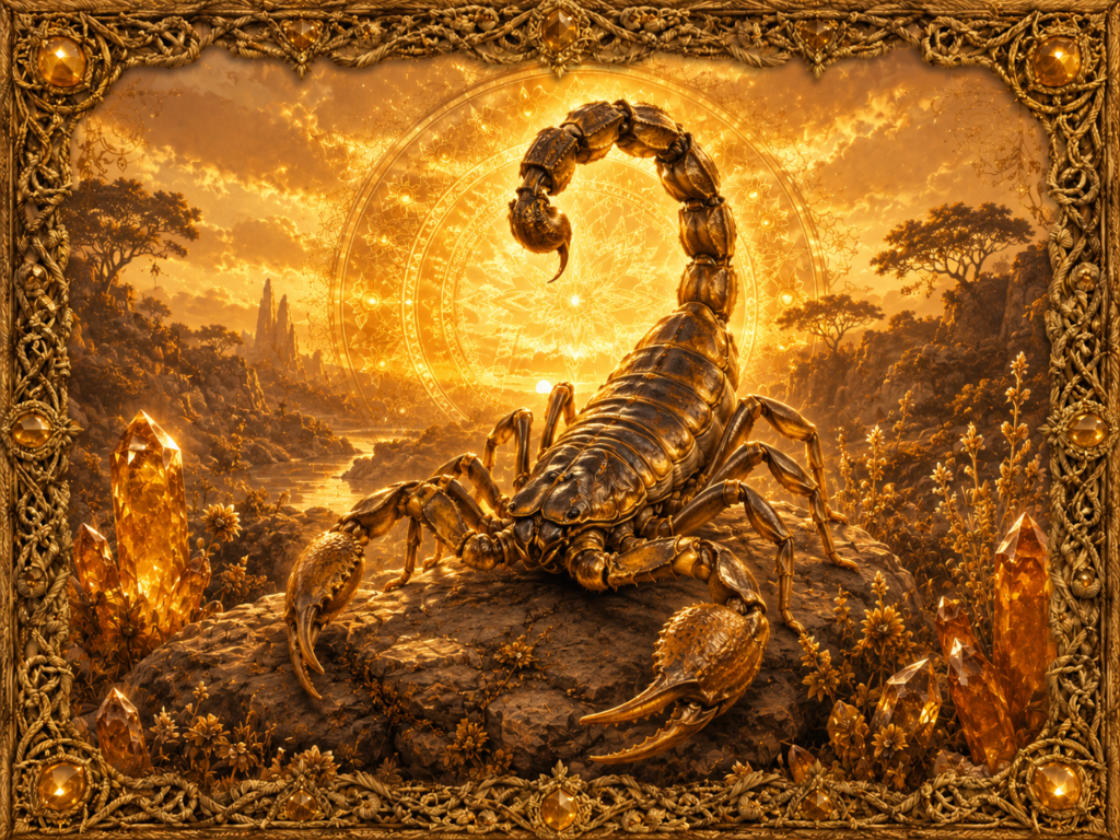 Scorpion animal au centre d’un paysage rocheux lumineux, entouré de cristaux et d’un halo doré, dans un décor encadré de macramé tissé.