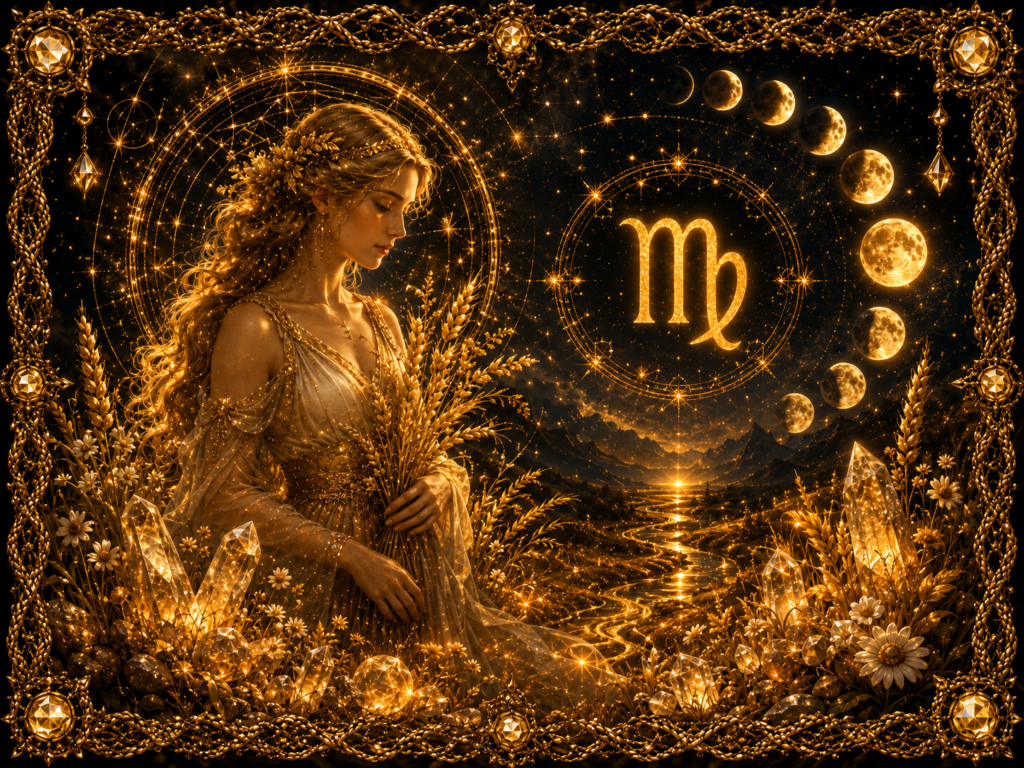 Signe de la Vierge représenté par une figure féminine tenant des épis de blé, entourée du symbole ♍, des phases lunaires, d’étoiles, de cristaux lumineux et d’un cadre en macramé doré.