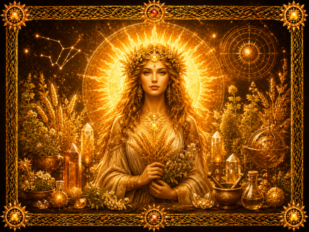 Soleil en Vierge : Figure féminine solaire entourée de blé, de fleurs, de cristaux et de symboles célestes, dans un décor lumineux encadré de macramé doré.