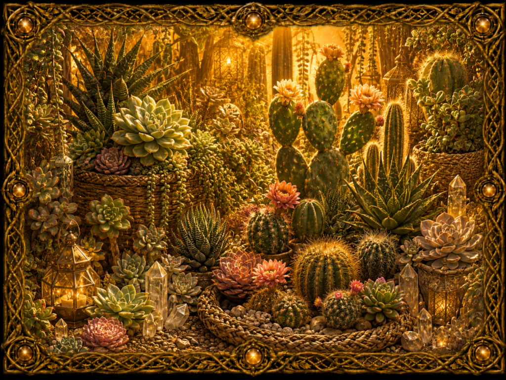Succulentes et cactées de formes variées, avec rosettes charnues, cactus fleuris, plantes en panier tissé, lanternes et cristaux, dans un décor lumineux encadré de macramé doré.