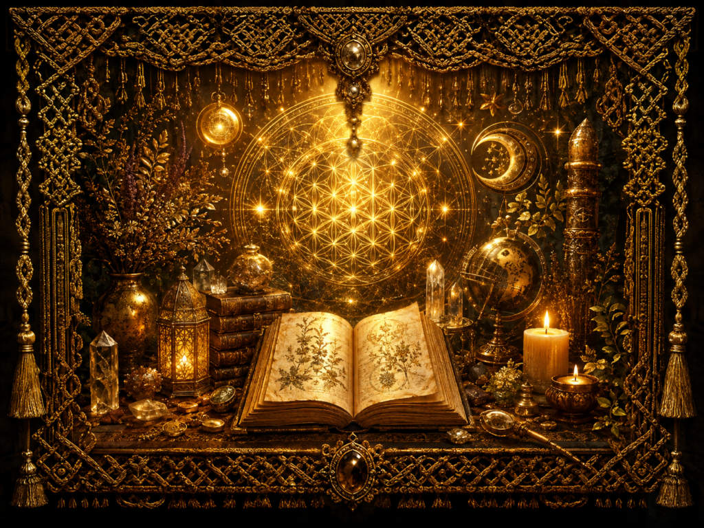 Les Traditions représentées par un livre ancien ouvert, entouré de géométrie sacrée, d’une lune, d’un globe, de cristaux, de plantes, de bougies et d’un cadre en macramé doré.