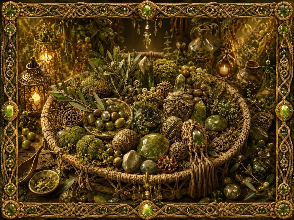 Composition lumineuse consacrée au vert olive, réunissant feuillages, olives, mousses, pierres vert olive, cristaux et objets naturels dans un plat tissé, entourés d’un cadre en macramé doré orné de pierres vert olive.