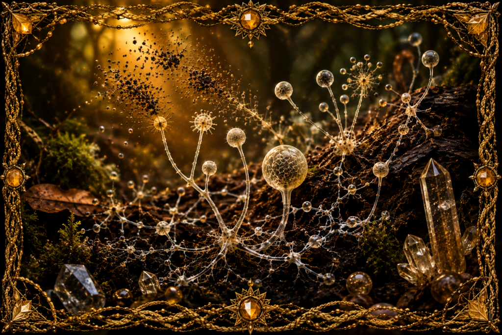 Zoopagomycètes (Zoopagomycetes) représentés dans un milieu forestier microscopique, avec filaments fongiques, structures reproductrices, spores, bois en décomposition, cristaux et cadre en macramé doré.