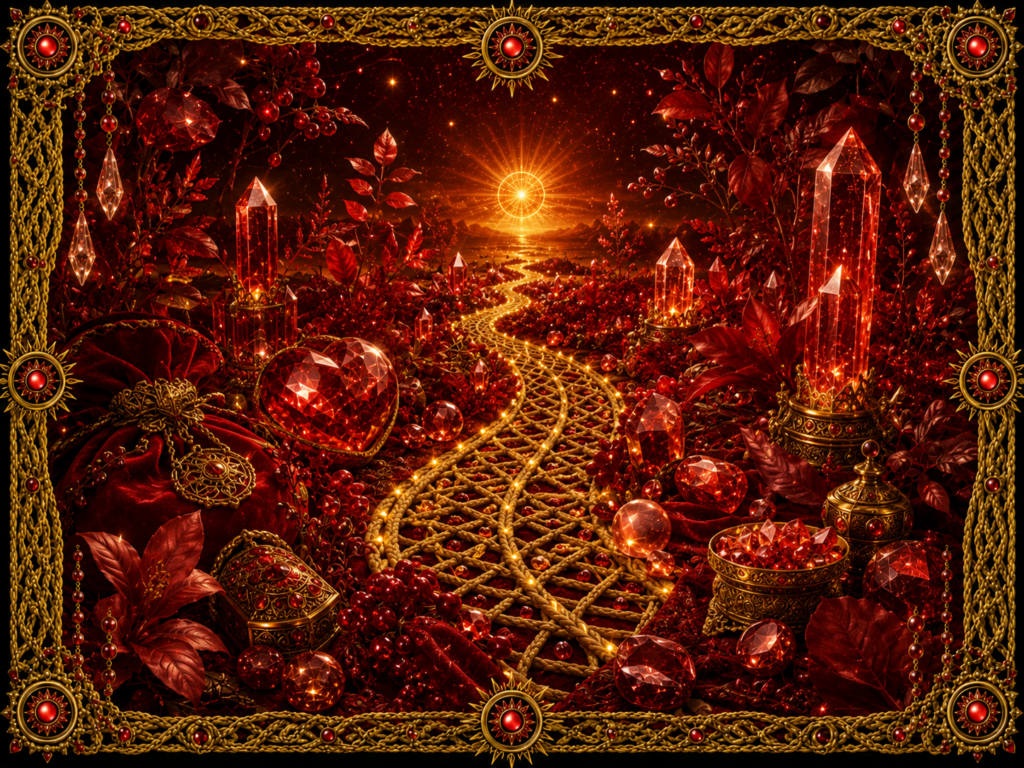 Composition consacrée à la couleur rouge, avec un chemin tissé doré traversant un paysage lumineux, entouré de cristaux rouges, feuillages, baies et ornements dans un cadre en macramé doré.
