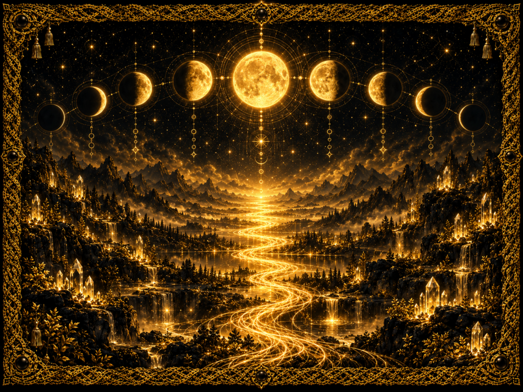 Cycle lunaire croissant et décroissant représenté par les différentes phases de la Lune déployées autour d’une pleine lune centrale, au-dessus d’un paysage mystique traversé par un chemin lumineux, avec cadre en macramé doré.