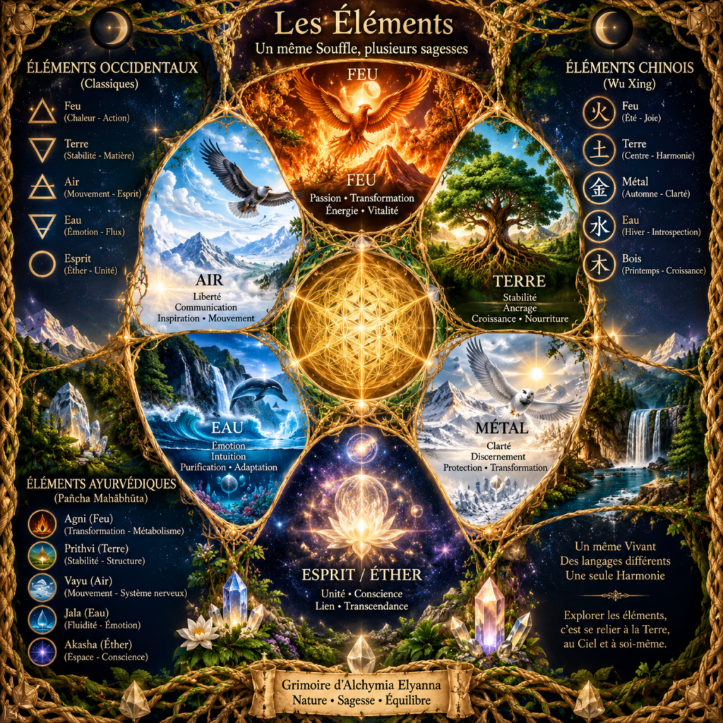 Les éléments classiques, chinois et ayurvédiques réunis dans une composition illustrée : Feu, Eau, Air, Terre, Éther, Bois, Métal et Espace, entourés de paysages, symboles et cristaux.