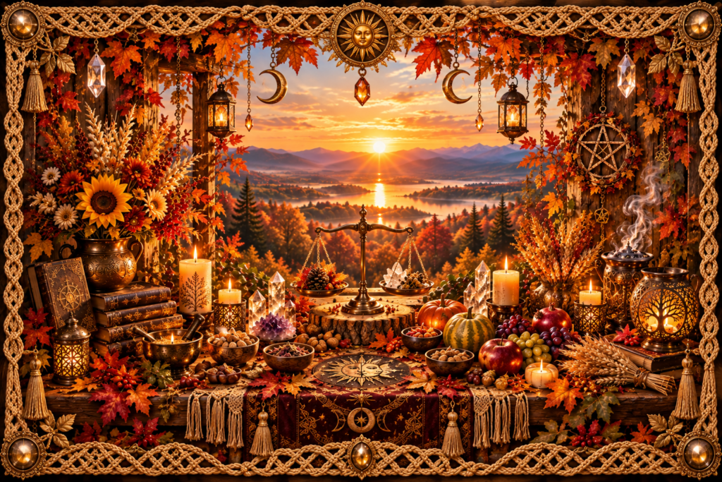 Équinoxe d’automne représenté par un autel lumineux avec balance, bougies, cristaux, fruits, courges, gerbes de blé et feuillages automnaux, devant un soleil couchant encadré de macramé doré.