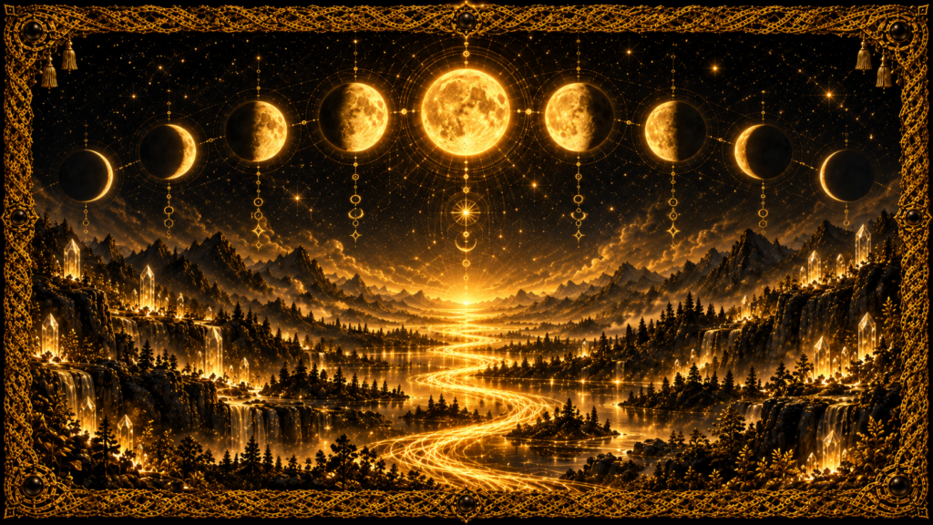 Fraction éclairée visible de la Lune représentée par une succession de phases lunaires, du croissant à la pleine lune puis vers le décroissant, au-dessus d’un paysage profond traversé par un chemin lumineux et encadré de macramé doré.