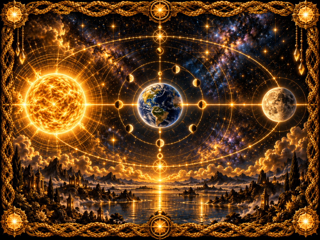 Géométrie Soleil–Terre–Lune représentée par le Soleil, la Terre et la Lune alignés dans une scène céleste lumineuse, avec les phases lunaires, des tracés orbitaux et un cadre en macramé doré.