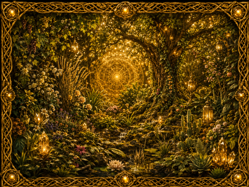 Monde végétal représenté par un jardin luxuriant avec grand arbre, fleurs, graminées, plantes aquatiques, cactus, cristaux lumineux et cadre en macramé doré.