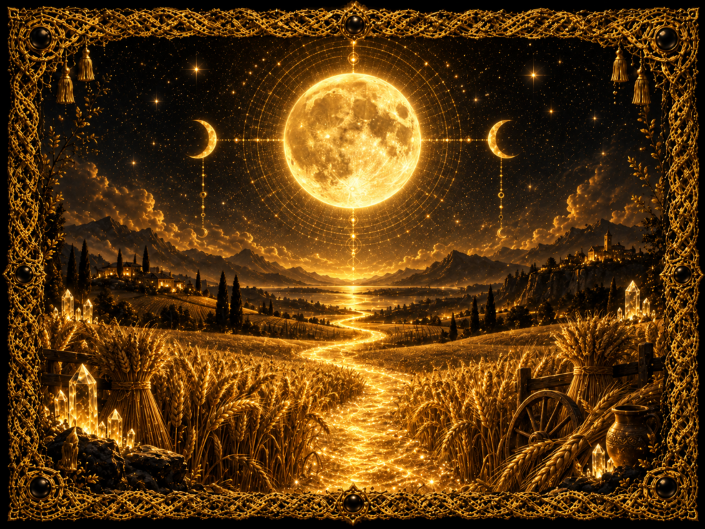 Pleine Lune des moissons au-dessus de champs de blé dorés, avec un chemin tissé lumineux, des gerbes, des cristaux et un cadre en macramé doré.