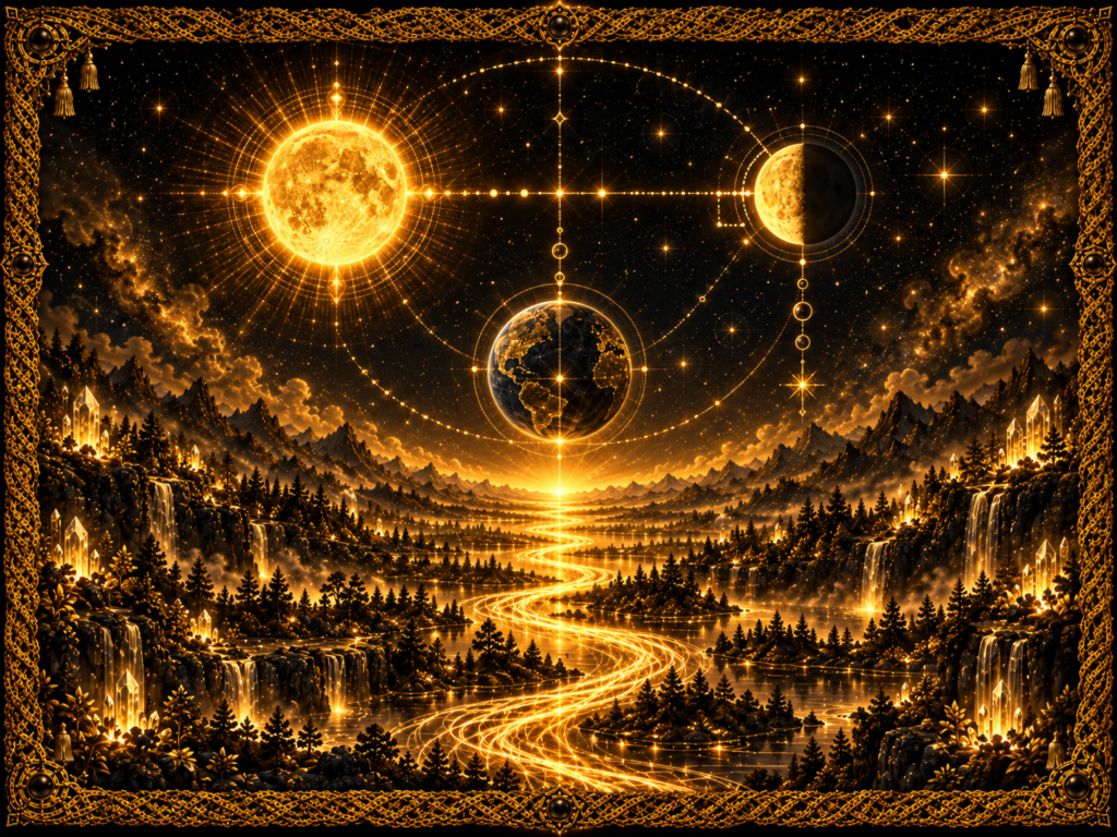 Quadrature de la Lune représentée par le Soleil, la Terre et la Lune formant un angle droit dans une scène céleste lumineuse, au-dessus d’un paysage traversé par un chemin doré et encadré de macramé doré.