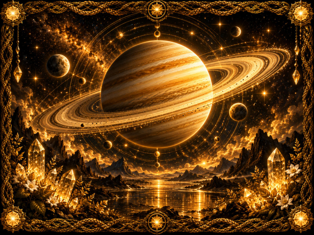 La planète Saturne représentée comme une grande planète aux anneaux lumineux, entourée d’étoiles, d’orbites, de cristaux rayonnants et d’un cadre en macramé doré.