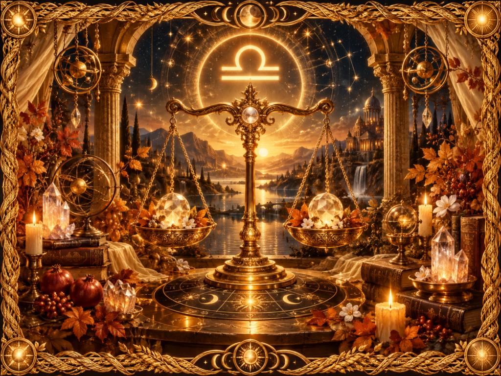 Signe de la Balance représenté par une grande balance dorée au centre d’un paysage céleste lumineux, entourée de cristaux, bougies, feuillages d’automne et d’un cadre en macramé doré.