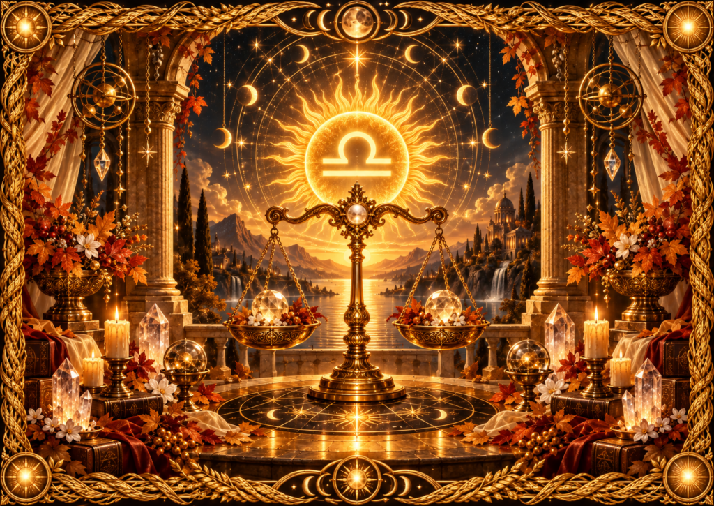 Soleil en Balance représenté par un grand soleil doré portant le symbole de la Balance, au-dessus d’une balance centrale, entouré de cristaux, de feuillages d’automne et d’un cadre en macramé doré.