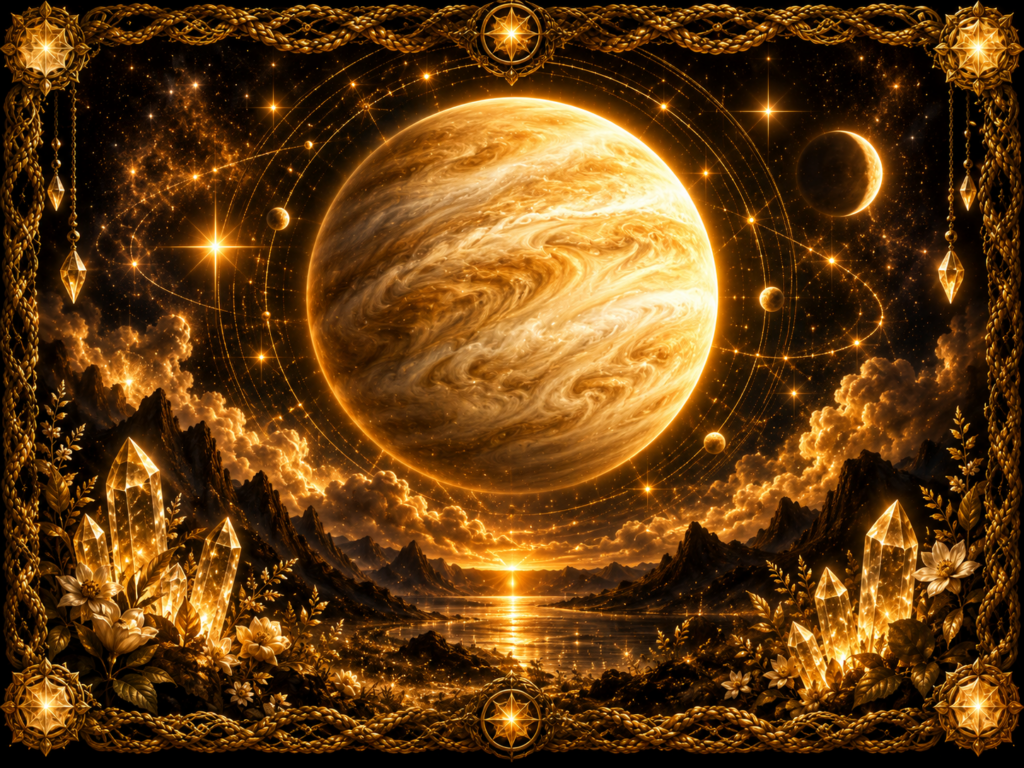 Vénus représentée comme une grande planète lumineuse aux nuages dorés, entourée d’étoiles, de tracés orbitaux, de cristaux rayonnants et d’un cadre en macramé doré.