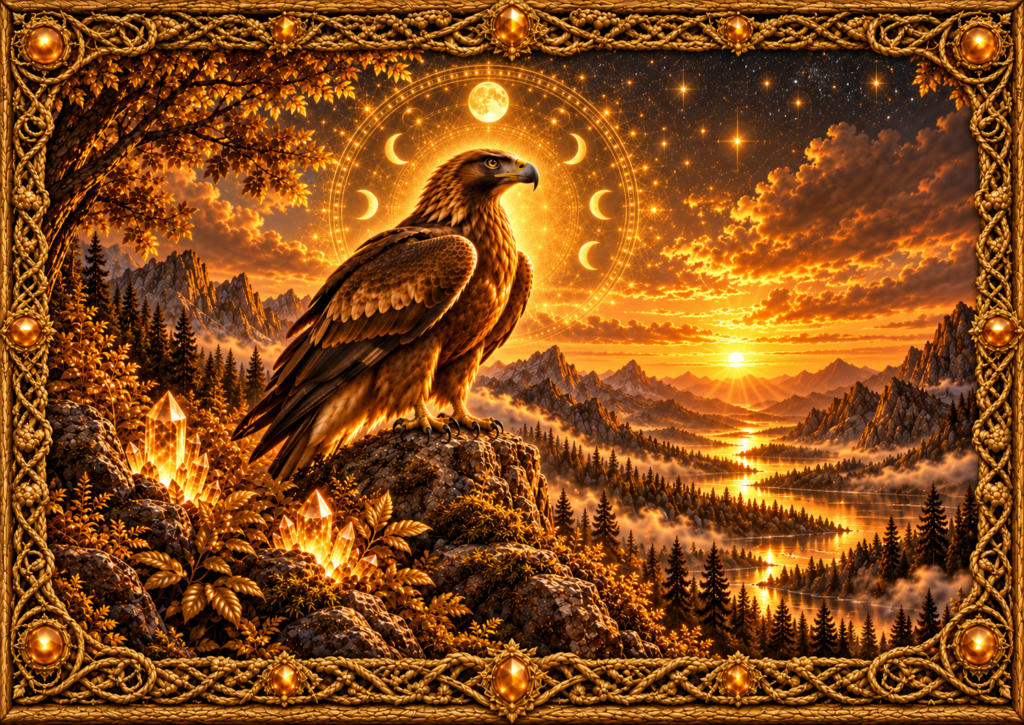Aigle majestueux perché sur un promontoire rocheux au-dessus d’une vallée montagneuse, entouré de cristaux, de phases lunaires et d’un cadre complet en macramé doré ancien.