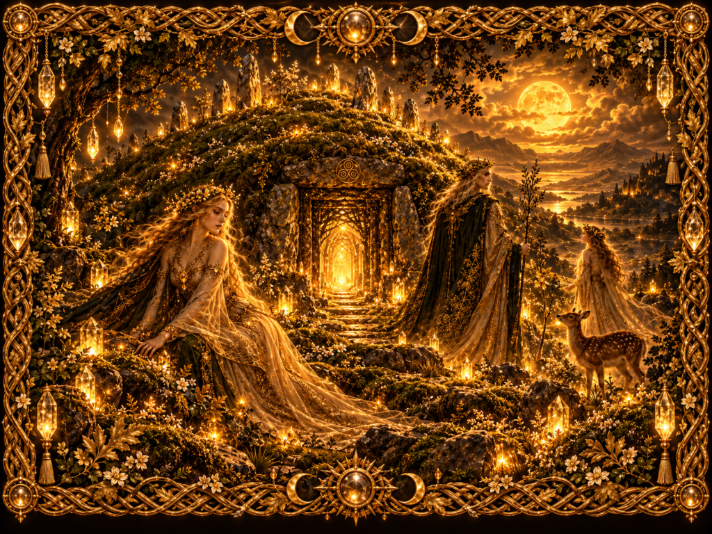 Aos Sí représentés près d’un tertre ancien ouvert sur un passage lumineux, dans un paysage de collines, de pierres levées, de cristaux et de lumière lunaire, entouré d’un cadre complet en macramé doré ancien.
