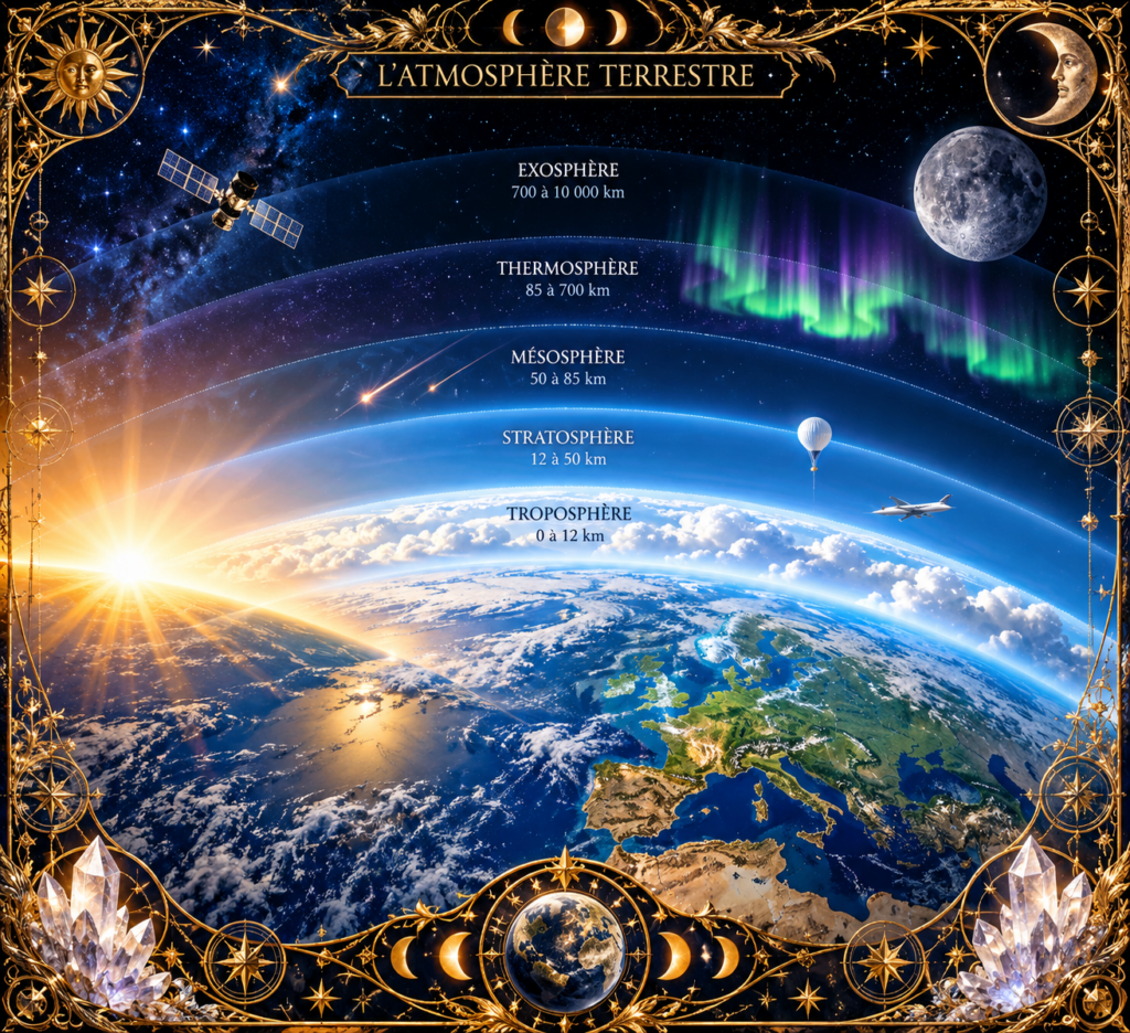Atmosphère terrestre représentée autour de la Terre avec ses principales couches, du sol jusqu’à l’exosphère, accompagnées du Soleil, de la Lune, d’aurores, de météores, d’un satellite et d’un cadre céleste doré.